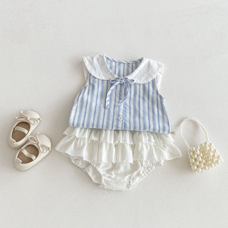 【BABY】夏新作丸襟ストライプノースリーブシャツ＆フリルショートパンツSK104618