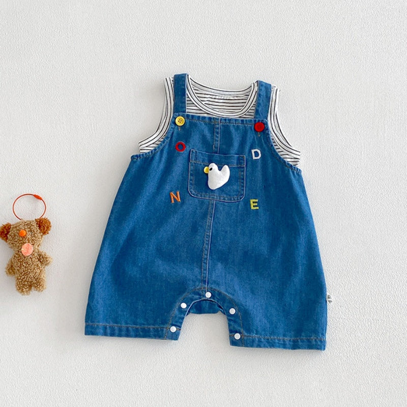 【BABY】夏新作大きめポケット刺繍サロペット＆ボーダータンクトップSK104505