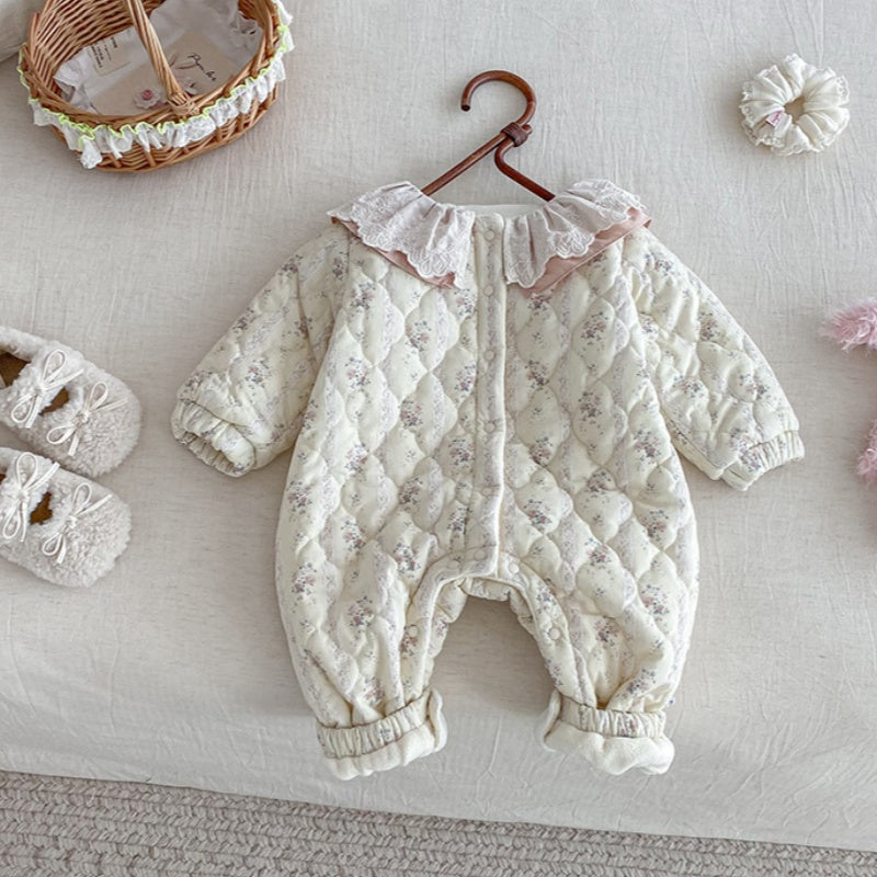 【BABY】冬新作花柄フリル襟キルティング裏起毛カバーオールSK102717