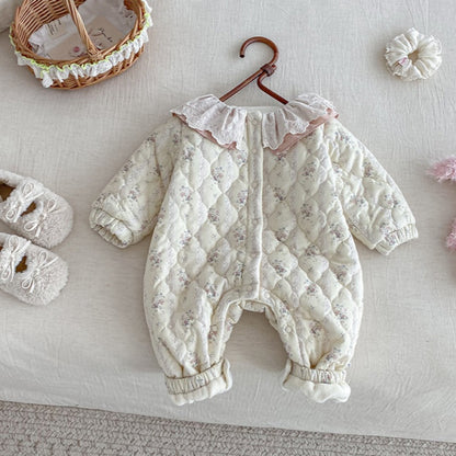 【BABY】冬新作花柄フリル襟キルティング裏起毛カバーオールSK102717