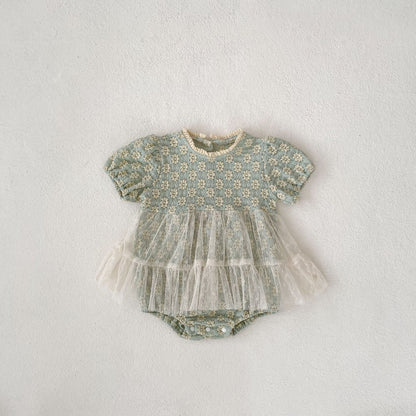 【BABY】夏新作 フラワー刺繡ワンピース風ロンパースSK063104