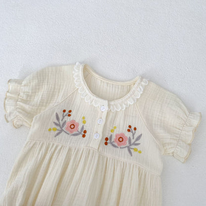 【BABY】夏新作 ナチュラルしわコットン刺繍ロンパースSK062311