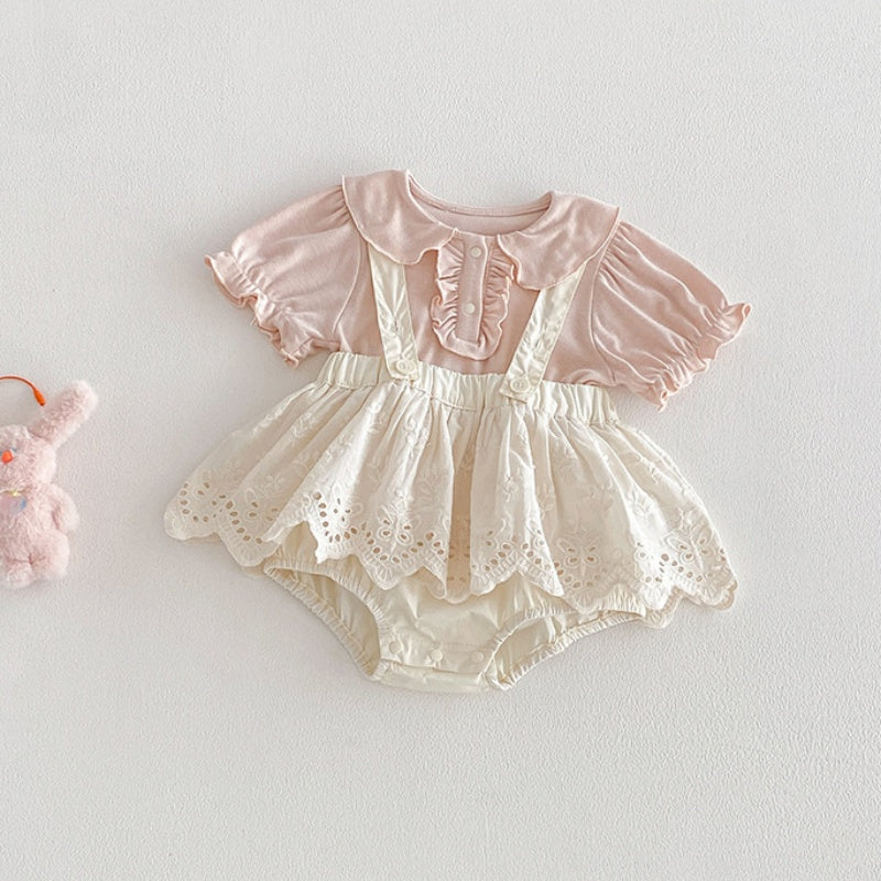 【BABY】夏新作 パフスリーブTシャツ＆レースサロペットショートパンツSK104817