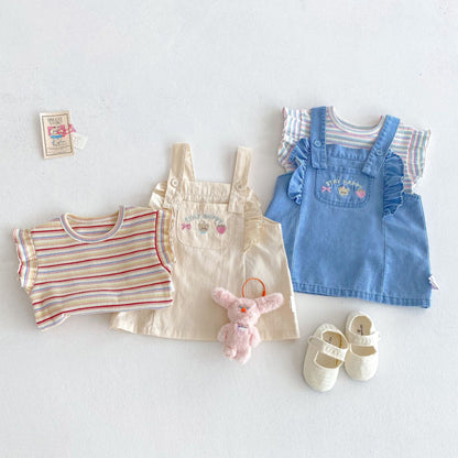 【BABY&KID】夏新作 刺繍クマサロペット、ストライプTシャツSK080619