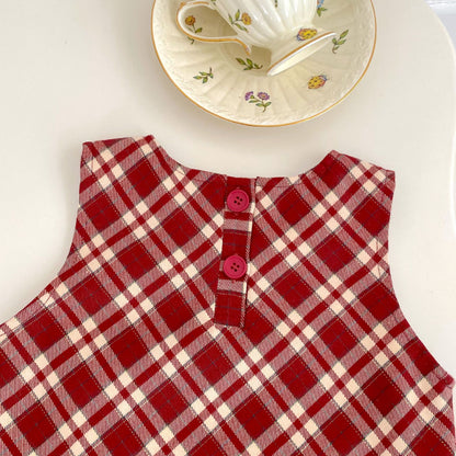 【BABY&KID】学院風チェックワンピース、さくらんぼ刺繍襟ＴシャツSK100842