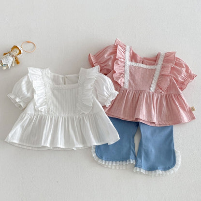【BABY&KID】夏新作 フリルスリーブスクエアネックブラウス、デニムパンツSK105216