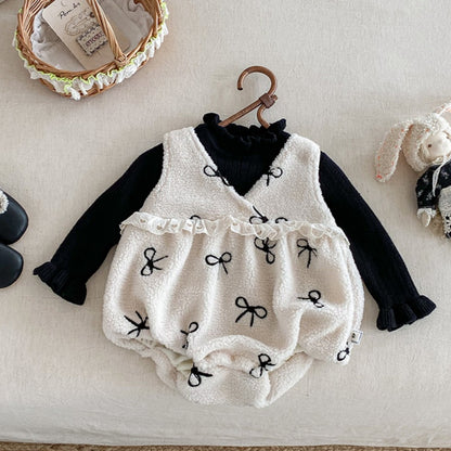 【BABY】冬新作 ボアリボン刺繍ロンパースSK102107