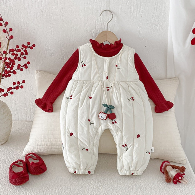 【BABY】冬新作チェリー刺繍キルティングカバーオールSK103109