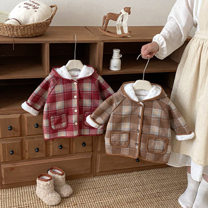 【BABY&KID】冬新作チェック柄フード付きモコモコアウターSK102523