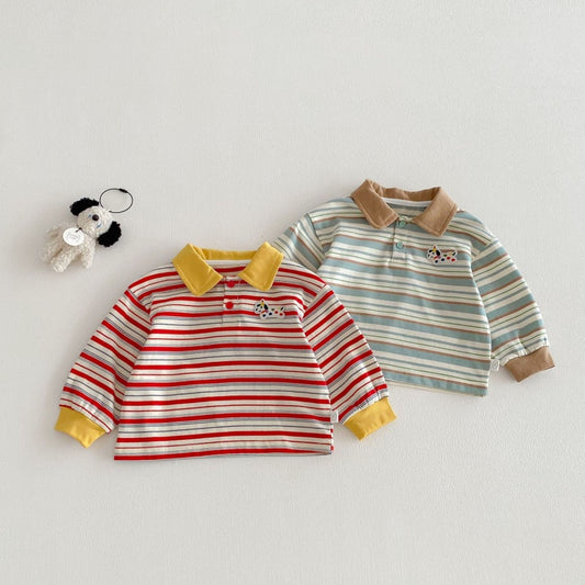 【BABY&KID】韓国風マルチボーダーPolo長袖TシャツSK104308