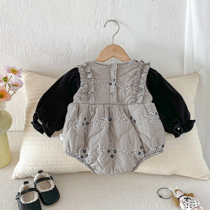 【BABY】冬新作小花柄蝶結びキルティングロンパースSK103102