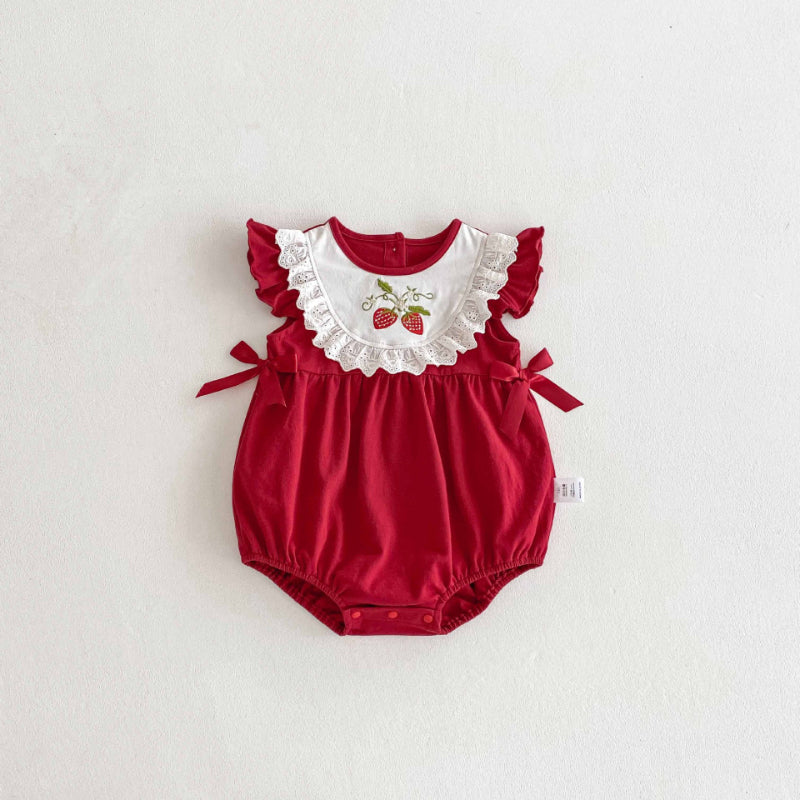 【BABY】夏新作 いちご刺繍ロンパースSK081507