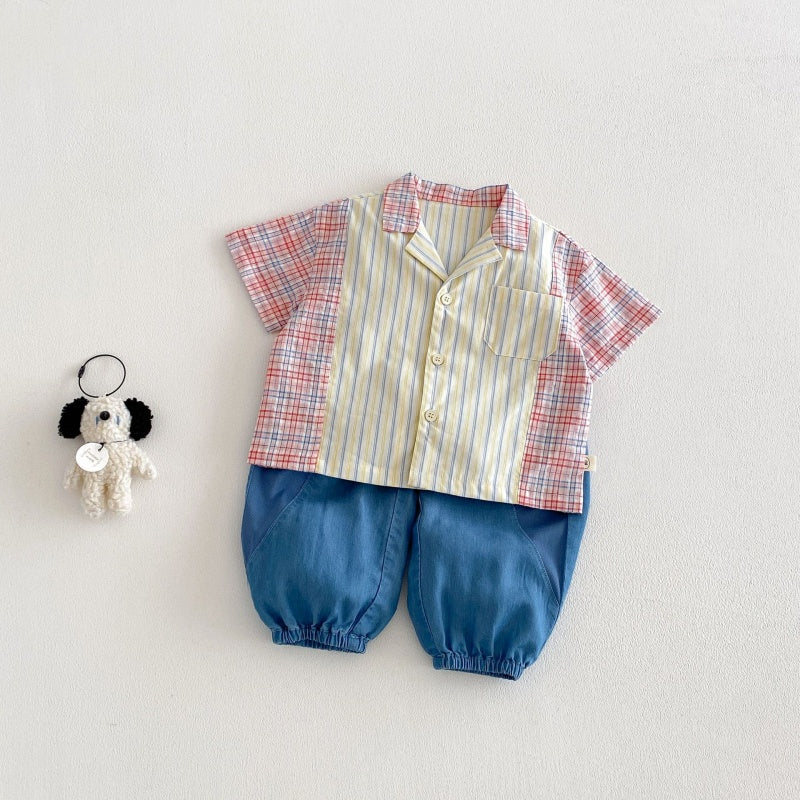 【BABY&KID】夏新作韓国風ストライプ半袖シャツ、デニムパンツSK104824