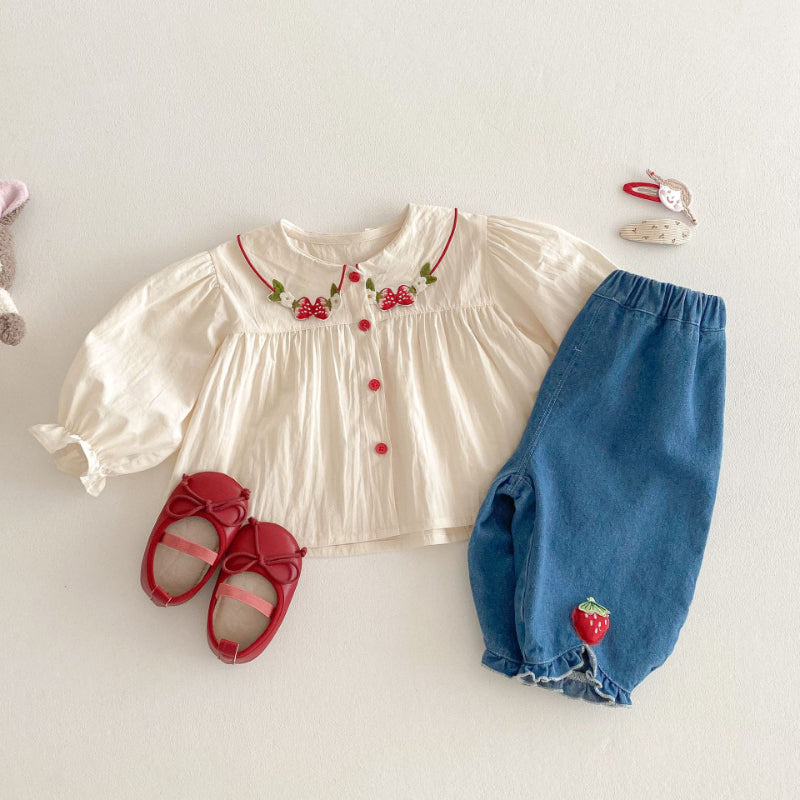 【BABY&KID】いちご刺繍ブラウス、いちごデニムパンツSK100319