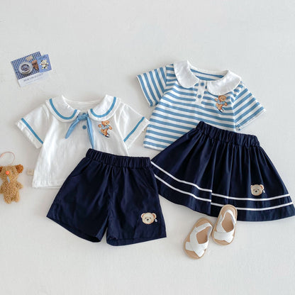 【BABY&KID】夏新作  クマ柄セーラー風セットアップSK061808