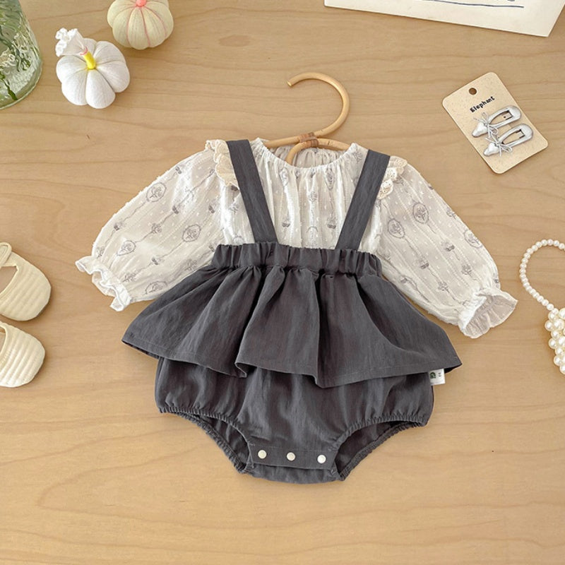 【BABY】花柄サロペットロンパース＆ジャガードブラウス2点セットSK103907