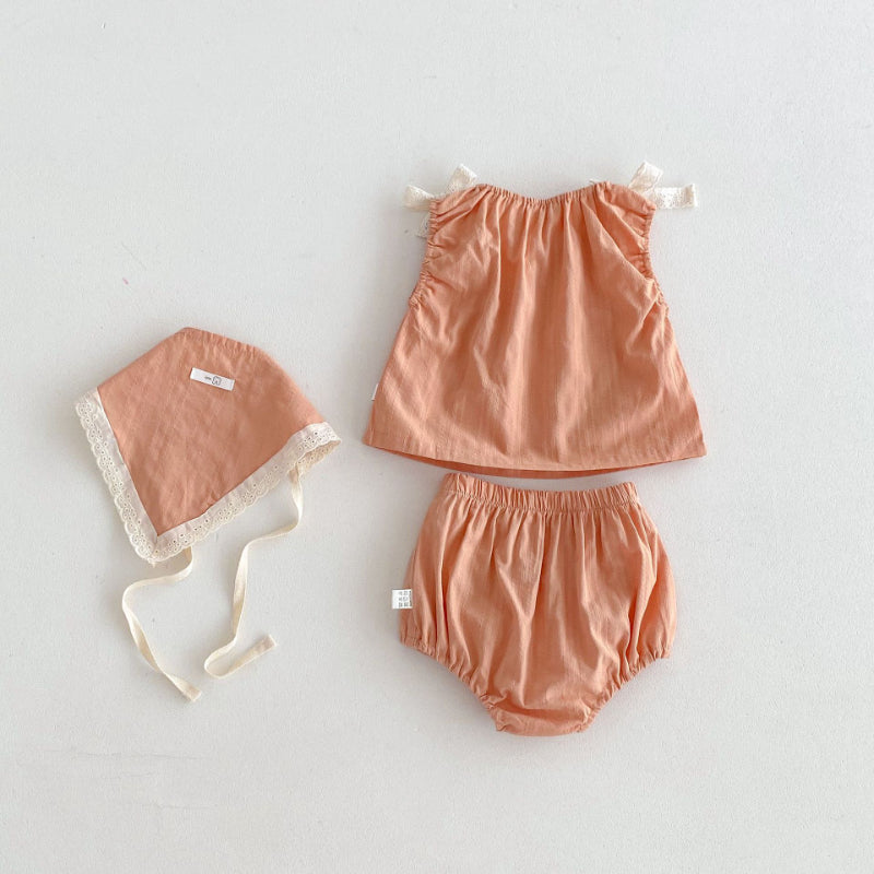 【BABY】夏新作 蝶ネクタイキャミソールトップス＆ショートパンツ＆ヘッドスカーフの3点SK071903