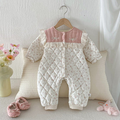 【BABY】冬新作小花柄キルティング フリルカラーカバーオールSK103101