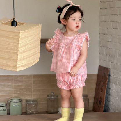 【BABY&KID】夏新作フリルスリーブチェックセットアップSK105713
