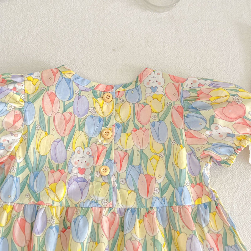 【BABY&KID】夏新作 花柄うさぎロンパース、ロンパースワンピ、ワンピースSK090713