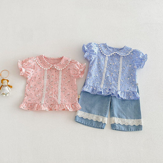 【BABY&KID】夏新作小花柄レースフリルシャツ、パンツSK105022