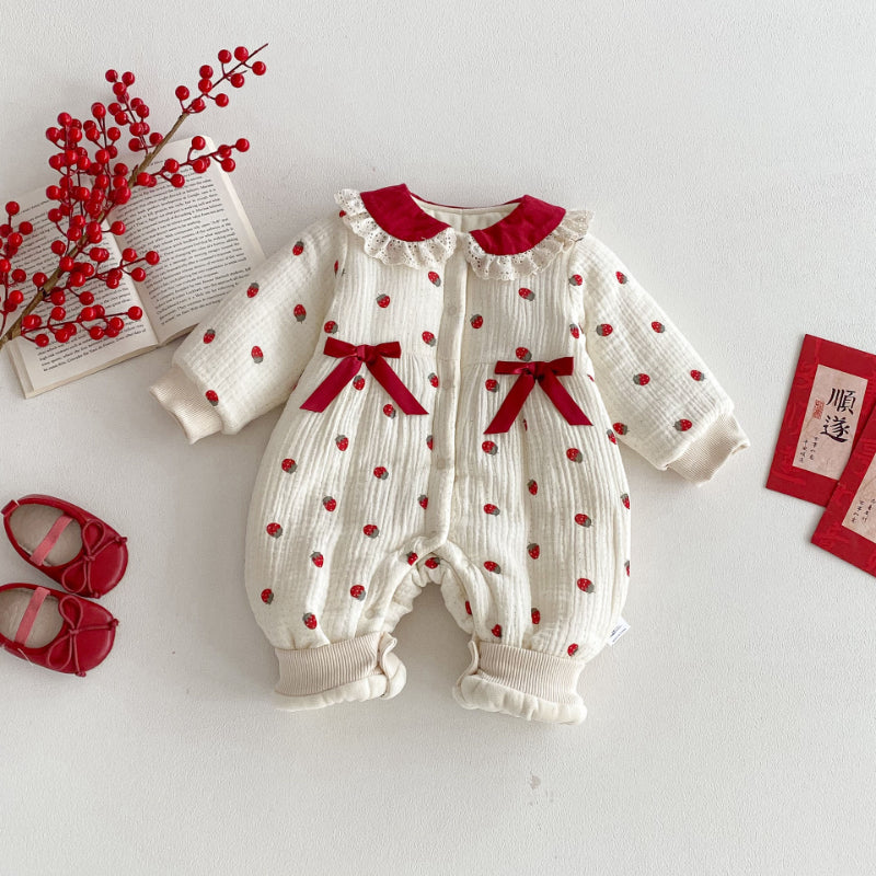 【BABY】冬新作いちご柄レース襟カバーオールSK102710