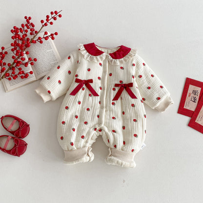 【BABY】冬新作いちご柄レース襟カバーオールSK102710