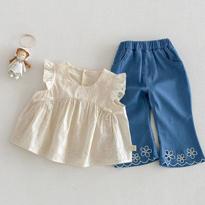 【BABY&KID】夏新作 ジャカードフリルスリーブブラウス、刺繍デニムパンツSK105215