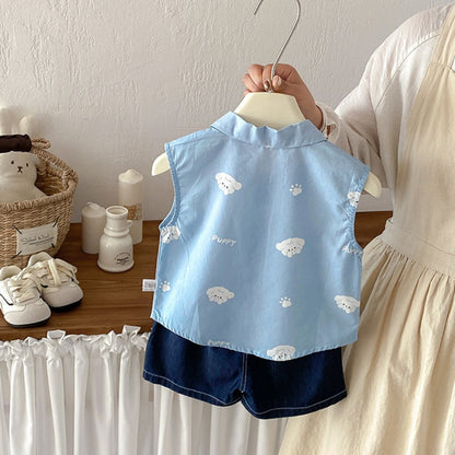 【BABY】夏新作いぬ刺繍ネクタイシャツ、デニムショートパンツSK104806