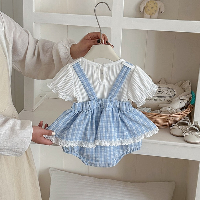 【BABY】夏新作格子柄サロペットロンパース＆リブTシャツSK104512