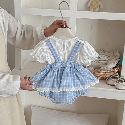 【BABY】夏新作格子柄サロペットロンパース＆リブTシャツSK104512