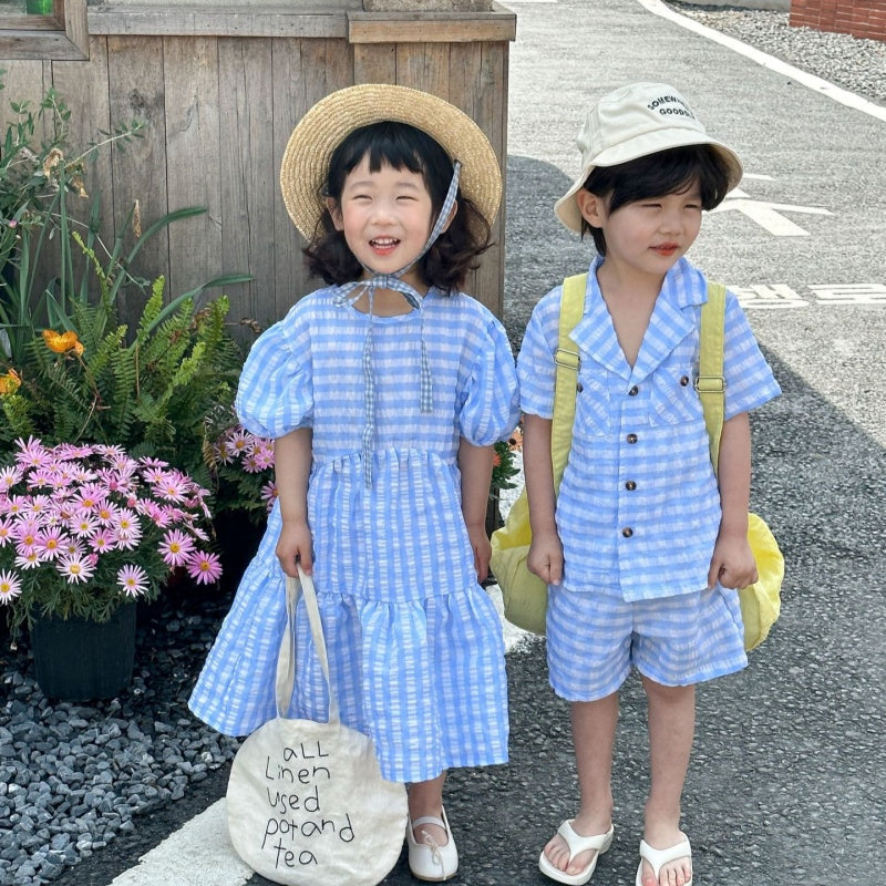 【BABY&KID】夏新作 ブルーチェックセットアップ、ワンピースSK072110