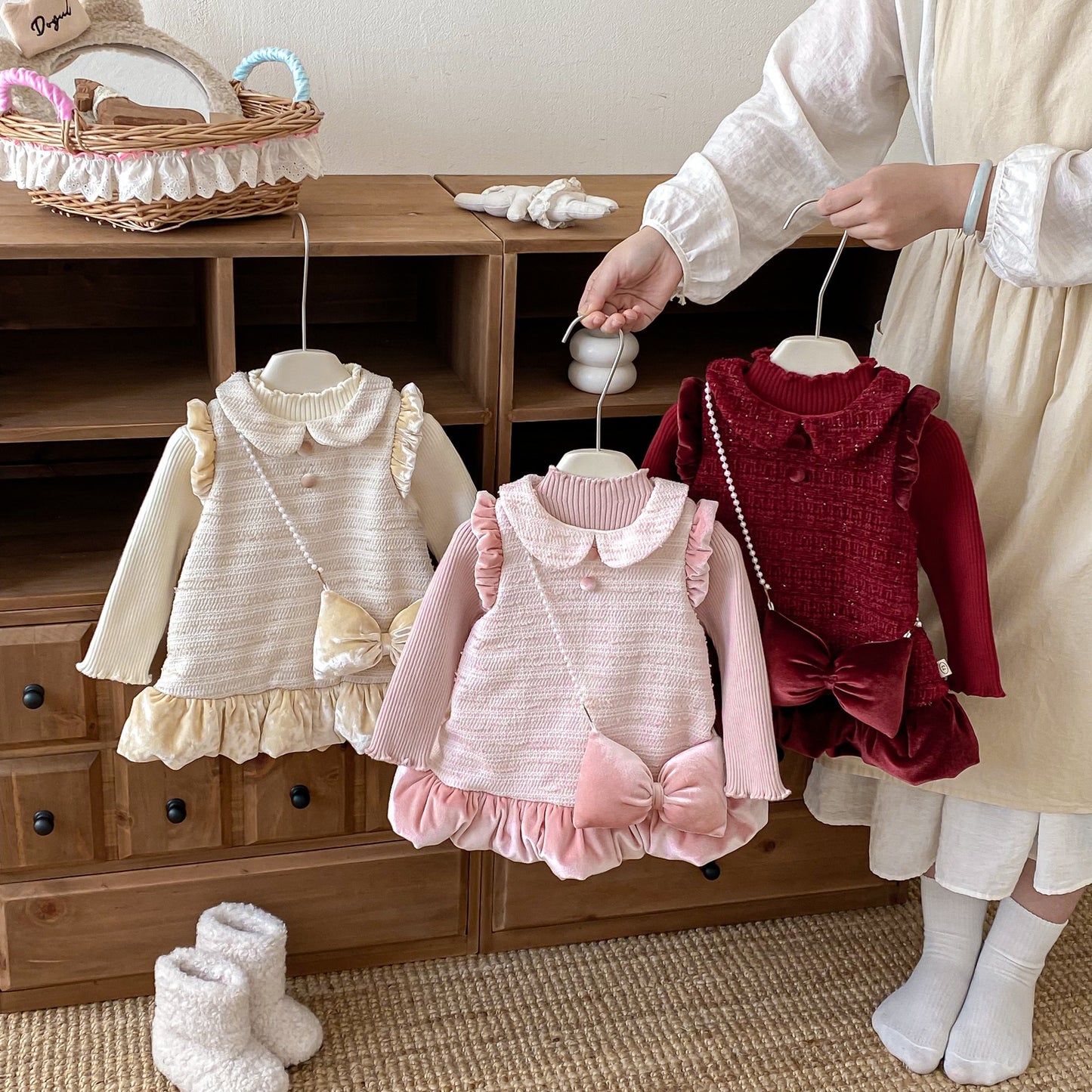 【BABY&KID】冬新作ツイード風お姫様ワンピース＆リボンアクセSK102733