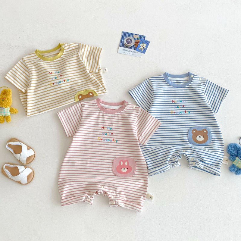 【BABY】夏新作 ストライプワッペンロンパースSK070121