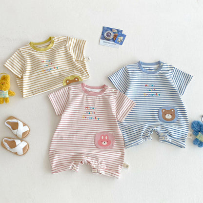 【BABY】夏新作 ストライプワッペンロンパースSK070121
