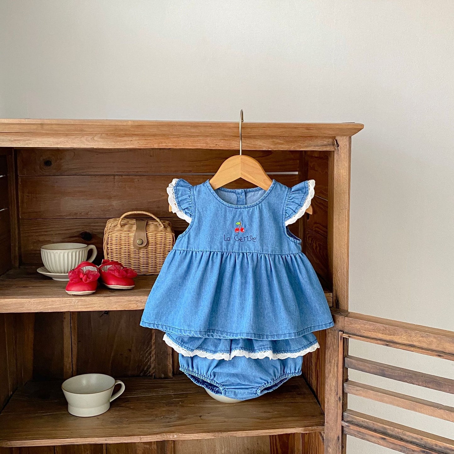 【BABY】夏新作 チェリー刺繍ロンパースorセットアップSK062709