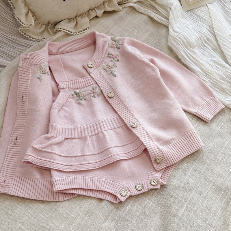 【BABY】フリル刺繍ニットロンパース、ニットカーディガンSK106917