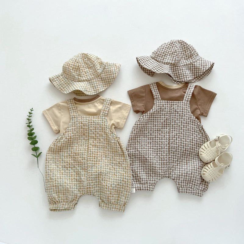 【BABY】夏新作 帽子付きチェックサロペット＆シャツ3点セットSK062602