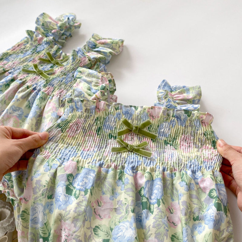 【姉妹服】夏新作 蝶結びフライングスリーブ花柄ロンパース、ワンピースSK072317