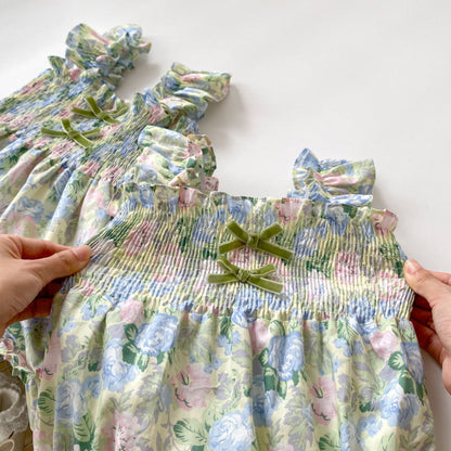 【姉妹服】夏新作 蝶結びフライングスリーブ花柄ロンパース、ワンピースSK072317