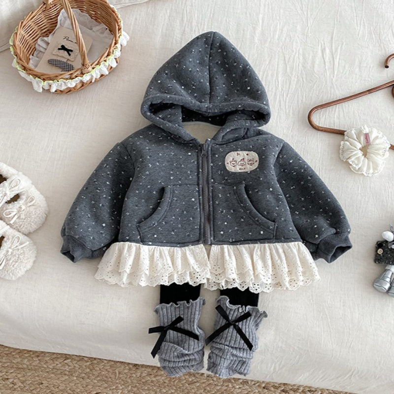 【BABY】冬新作花柄レースフード付き裏起毛アウターSK102721