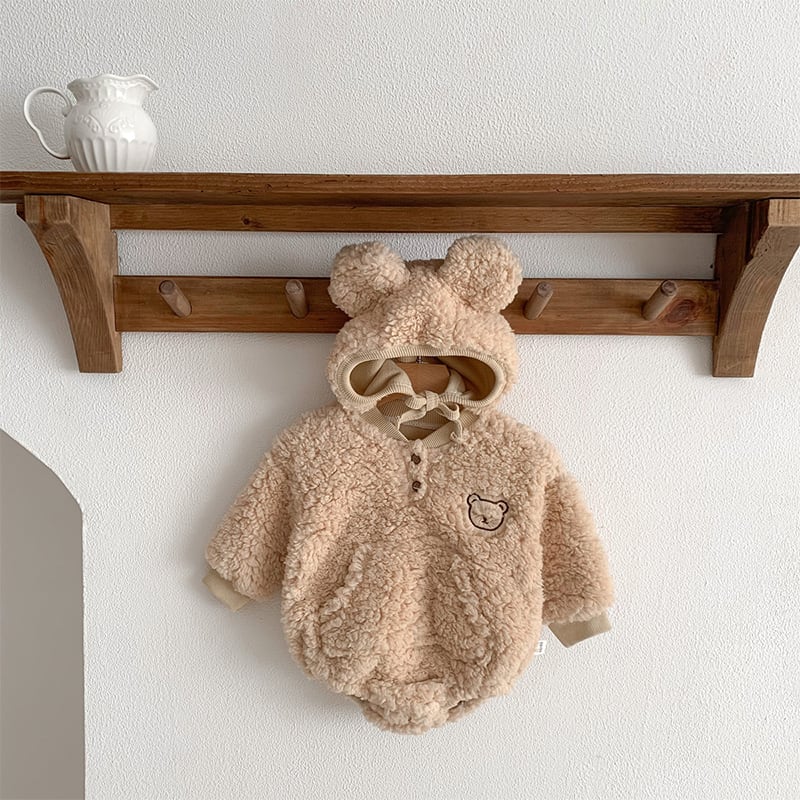 【BABY】冬新作クマ柄帽子付き起毛ロンパース　全2色SK11389