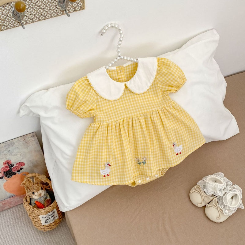 【BABY】夏新作 チェックあひる刺繍ロンパースSK104907
