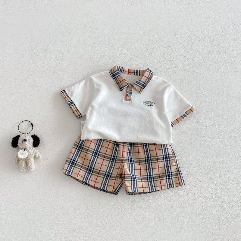 【BABY&KID】夏新作韓国風刺繍ロゴ半袖Tシャツ、チェックショートパンツSK105023