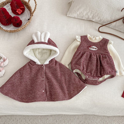 【BABY】冬新作ハート刺繍あったかロンパース、うさ耳あったかケープSK103113