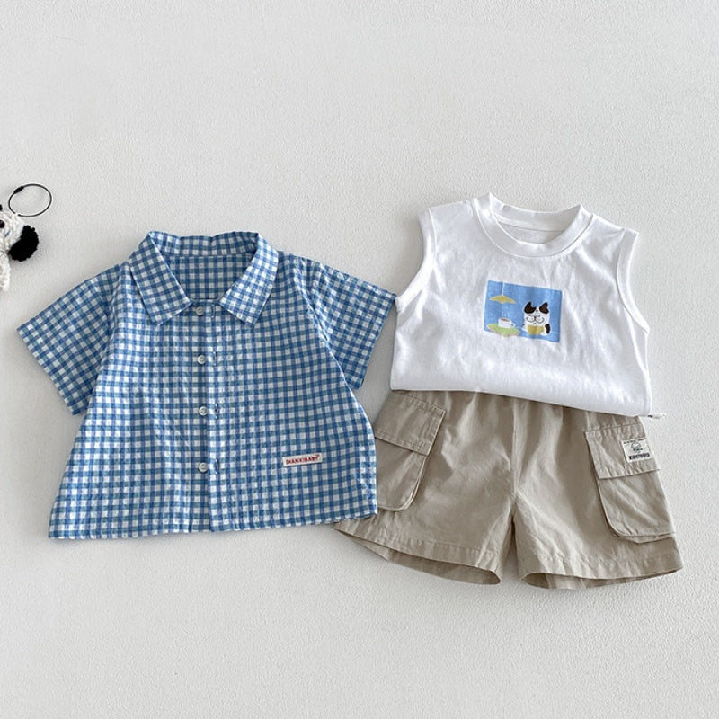 【BABY】夏新作シンプルチェックシャツ、カートゥーンベスト、ショートパンツSK105316