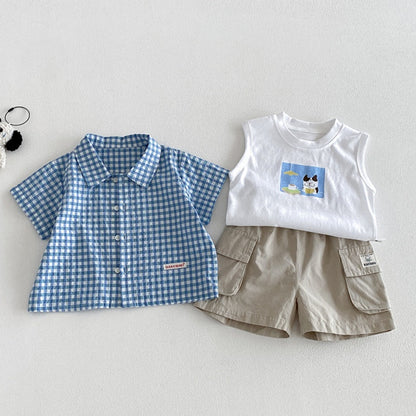 【BABY】夏新作シンプルチェックシャツ、カートゥーンベスト、ショートパンツSK105316