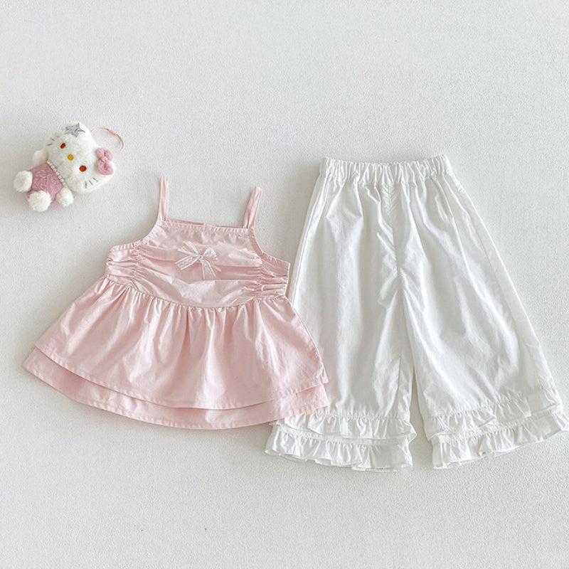 【BABY】夏新作スウィート蝶結びキャミトップス＆フリルワイドパンツSK105710