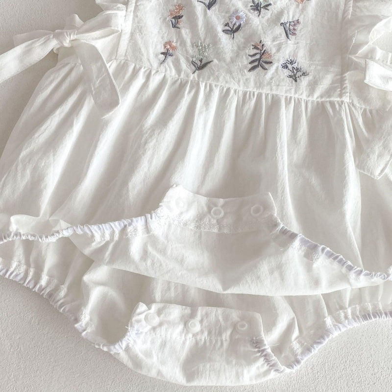【BABY】夏新作 花柄刺繍サイドリボン ロンパースSK062305