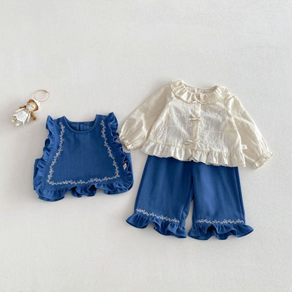 【BABY&KID】刺繍パフスリーブシャツ、刺繍ベスト、デニムパンツSK104122